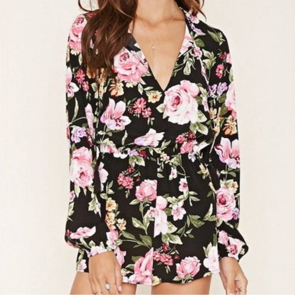 Forever 21 Black Floral Romper with Pink Roses